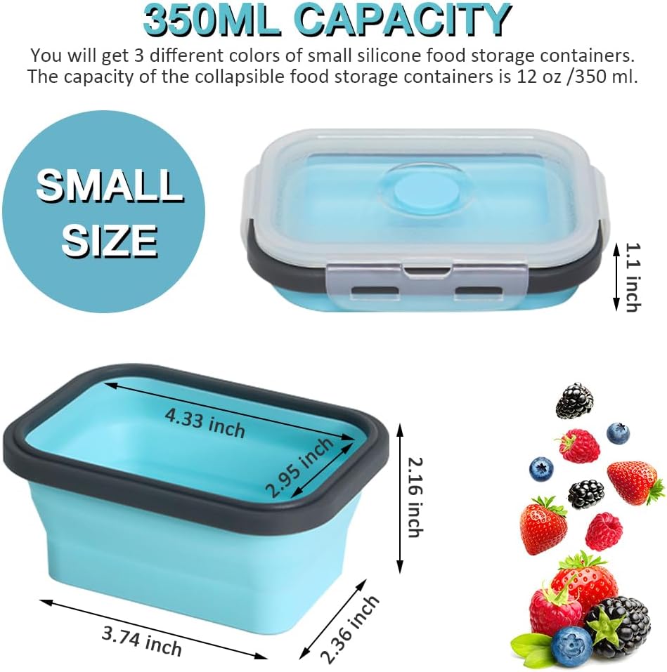 Small Collapsible Silicone Food Storage Container 3 Pack (12 Oz)