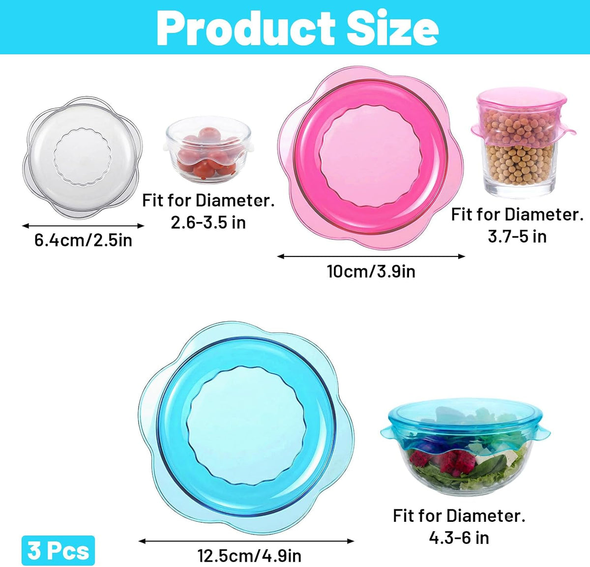 3PCS Silicone Stretch Lids for Food Storage, Reusable Elastic Silicone Lids for Bowls, Cups, Jars Cover
